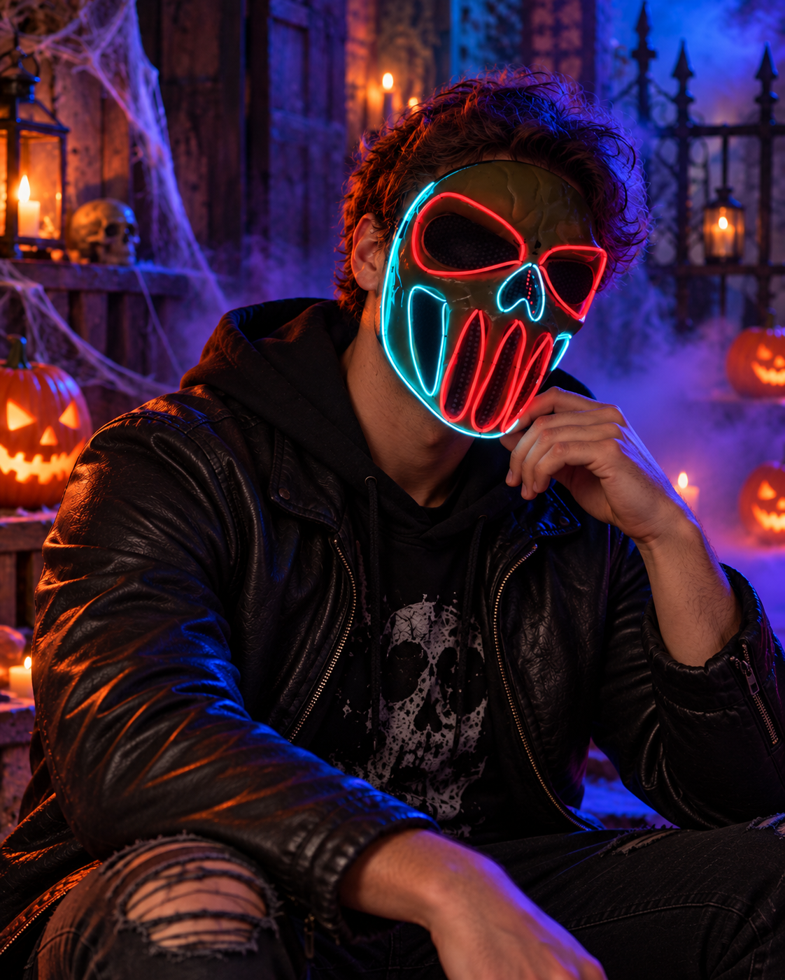 Man wearing the Neon Reaper LED mask on Halloween night